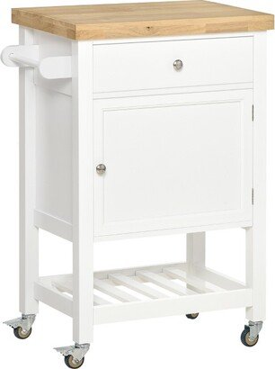 HOMCOM Utility Kitchen Cart, Rolling Kitchen Island with Rubberwood Top, Narrow Butcher Block Surface on Wheels with Storage Drawer & Cabinet, White