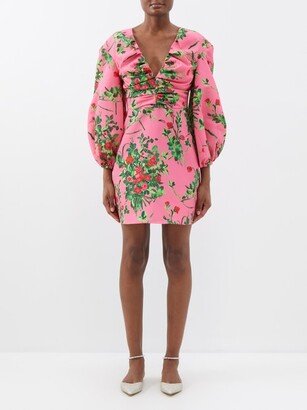 Balloon-sleeve Floral-print Taffeta Mini Dress