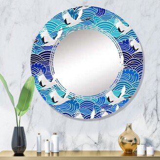 Designart 'Japanese Crane Birds On Blue Waves' Printed Patterned Wall Mirror