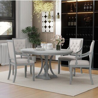 5 PCS Extendable Wood Dining Table Set with Round Table and 4 Upholstered Chairs, Antique Gray