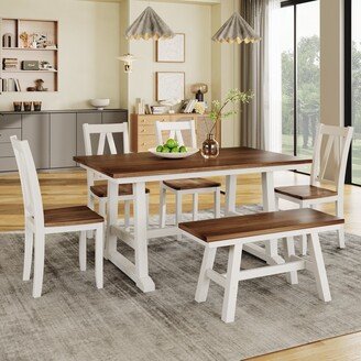 GEROJO White 6-Piece Wood Dining Table Set with Long Bench and Chairs