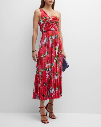 One-Shoulder Dahlia Print Pleated Midi Dress