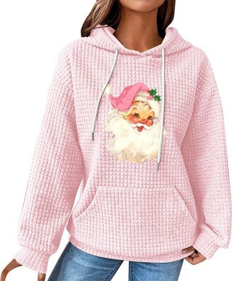 Generic Merry Christmas Sweatshirt for Women Long Sleeve Tops Christmas Theme Drawstring Hoodie Pocket Pullover (Pink #2