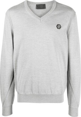 logo-patch V-neck sweater-AA