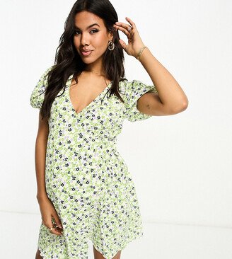 Glamorous Maternity short sleeve wrap mini dress in green retro floral