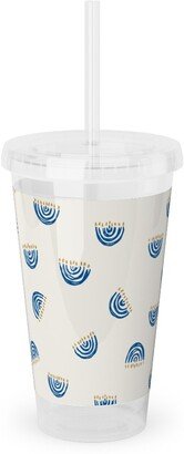 Travel Mugs: Nine Branch Menorah Tossed In Bright Blue Acrylic Tumbler With Straw, 16Oz, Beige