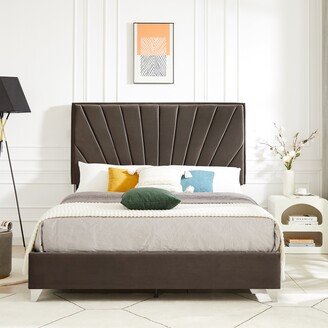 TOSWIN Modern Style Velvet Upholstered Platform Bed, Wood Slat Support, Easy Assembly-AA