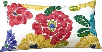 Large Flower Print Lumbar Throw Pillow Cover, Rectangular Cotton Twill Floral Home Decor Case, Red, Green, Yellow, Purple & Cream