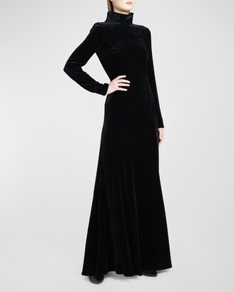 Mock-Neck Structural Open-Back Velvet Gown