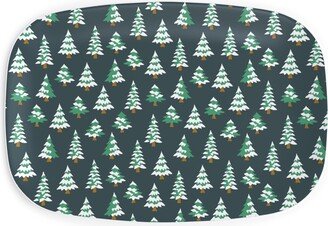 Serving Platters: Winter Village Trees With Snow - Dark Serving Platter, Green