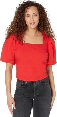 Puff Sleeve Square Neck Blouse (Cherry Red) Women's Clothing