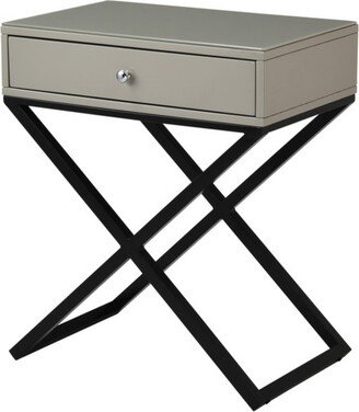 Simplie Fun Koda Taupe Wooden End Side Table Nightstand with Glass Top, Drawer and Metal Cross Base