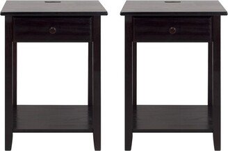 Night Owl Bedside Table Bedroom Nightstand with 1 Storage Drawer and Included Discrete USB Port Station, Brown (2 Pack)