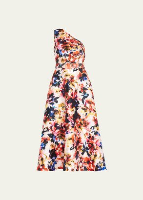 Pleated One-Shoulder Floral-Print Midi Dress