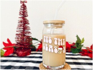 Tis The Season Can Glass Cup, Iced Coffee Trendy Bamboo Lid & Straw, Retro Christmas, Disco Ball Cowgirl