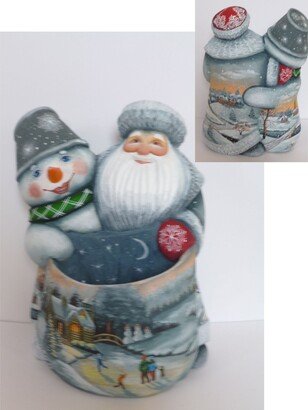 G.DeBrekht Woodcarved and Hand Painted Santa and Snowman Companions Bag Masterpiece Signature Figurine