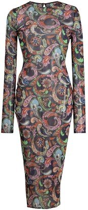 Paisley-Print Mesh Midi Dress