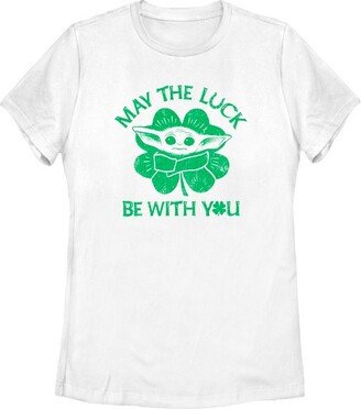 Women's The Mandalorian St. Patrick's Day Grogu May the Luck be with You Retro T-Shirt - White - 2X Large