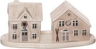 Dolomite 6.5 in. White Christmas Nordic Cabin Salt and Pepper Shakers on Tray Set of 3