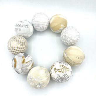 Gold & Silver Grey Set Of 9 Christmas Winter Fabric Wrapped Balls - Holiday Bowl Filler Orb