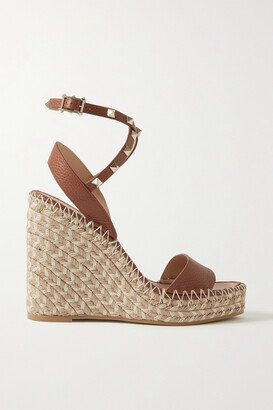 Rockstud Leather Espadrille Wedge Sandals - Brown