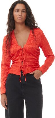 Red Crinkled Satin V-neck Shirt