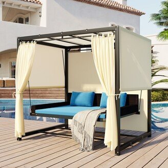 TOSWIN 2-3 People Outdoor Upholstered Swing Bed, Patio Swings with Adjustable Curtains