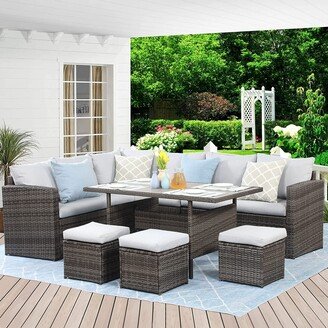 GREATPLANINC 7-Piece Patio Sofa Seating Set, Versatile Outdoor PE Rattan Wicker Sectional Sofa, All-weather Patio Table and Sofa Set, Grey