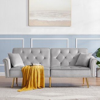 RASOO Modern Velvet Tufted Sofa with Pillows, Nailhead Trim and Metal Legs