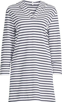 Women's Plus Size Cotton Jersey Long Sleeve Hooded Swim Cover-up Dress - White/deep sea stripe