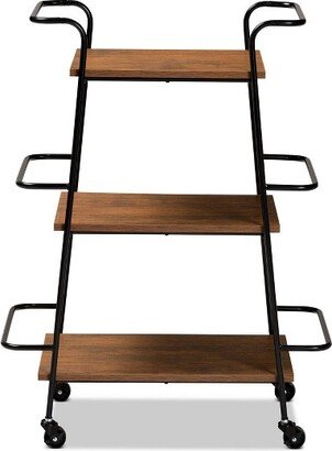 Small Bernard Rustic Industrial Metal and Wood 3 Tier Mobile Wine Bar Cart Black/Walnut