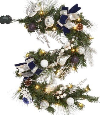 Fashionwu 6 FT LED Christmas Garland with Pinecones Blue & Silver Bows Christmas Balls