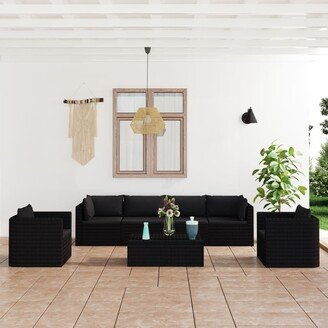 7 Piece Patio Lounge Set with Cushions Poly Rattan Black