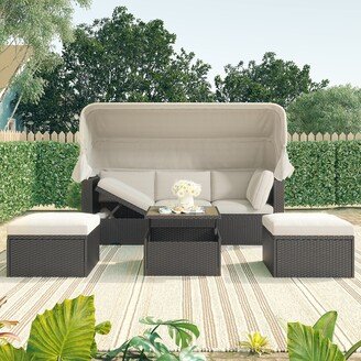 TOSWIN Outdoor Patio Rectangle Daybed with Retractable Canopy, Wicker Sectional Sofa