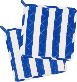 Kate Austin Designs Blue / White Organic Cotton Quilted And Insulated Pot Holder In Blue And White Cabana Stripe Block Print - Set Of Two
