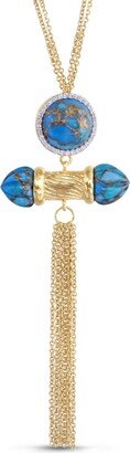 LuvMyJewelry Sunkissed Design Yellow Gold Plated Silver Turquoise Gemstone Diamond Fringe Necklace