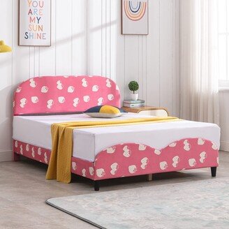 Mixoy Kids Bed Frame with Headboard, Upholstered Platform Bed with Slatted Bed Base, No Box Spring Needed