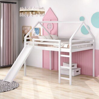 GEROJO Modern and Timeless Solid Pine Wood Full Size Loft Bed with Slide, House Bed with Ladder