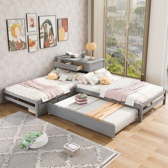 Magic Home Full Size L-shaped Platform Beds with Twin Size Trundle and Drawers Linked with Built-in Rectangle Table