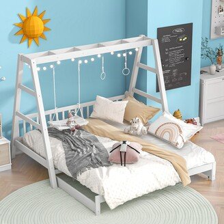 GREATPLANINC Extendable Twin Daybed with Swing & Ring Handles, Cute Bedroom Bed Solid Pine Daybed Frame Twin Bed Can be Pulled Out to be King