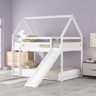 Twin over Twin House Bunk Bed with Slide and Ladder, White