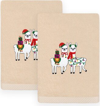 Linum Home Christmas Llamas Embroidered Luxury 100% Turkish Cotton Hand Towels, 2 Piece Set