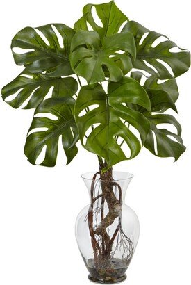 26 Monstera Artificial Plant in Glass Vase with Rocks