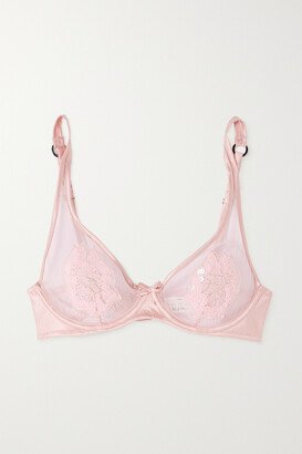 Marilyn Monroe + Bert Stern Satin-trimmed Embellished Embroidered Tulle Underwired Bra - Pink