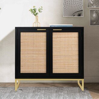 Anmytek Black Accent Storage Cabinet with 2 Rattan Doors Mid Century Sideboard for Living Room Bedroom