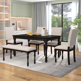 EDWINRAYLLC Wood Dining Table Set 6-Piece Rectangular Turned Legs Table with 4 High Back Upholstered Chairs and Cylindrical Legs Bench