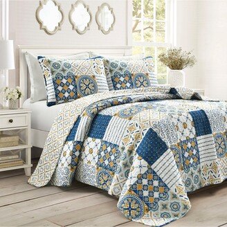 Monique Reversible 3 Piece Quilt Set, King - Navy, Mustard