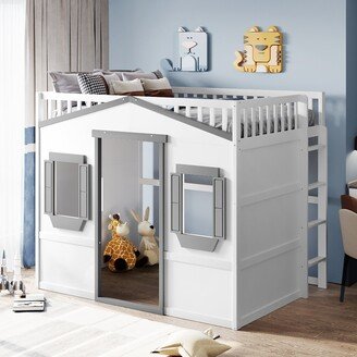 Sunmory Full Size House Loft Bed With Ladder