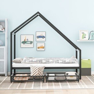 Twin Size Metal House Bed with 2 Storage Drawers