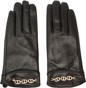 Black Gloves With Oval T Chain Detail In Smooth Leather Woman-AA